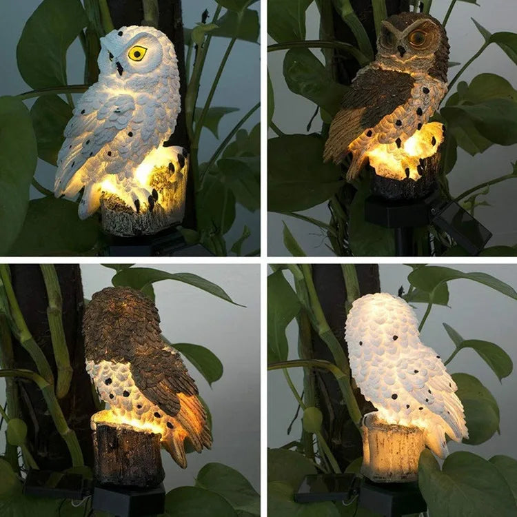 Solar Lamp Owl Animal Solar Garden Light, White and brown owl statue stands 15cm tall.