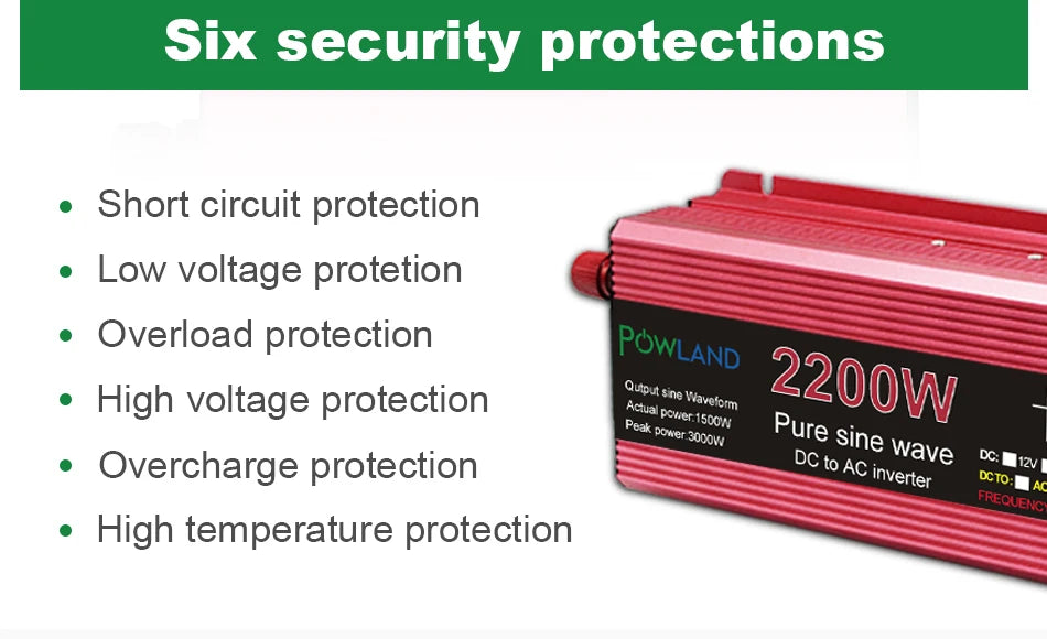 Pure Sine Wave Inverter converts DC power to AC, featuring six security protections.