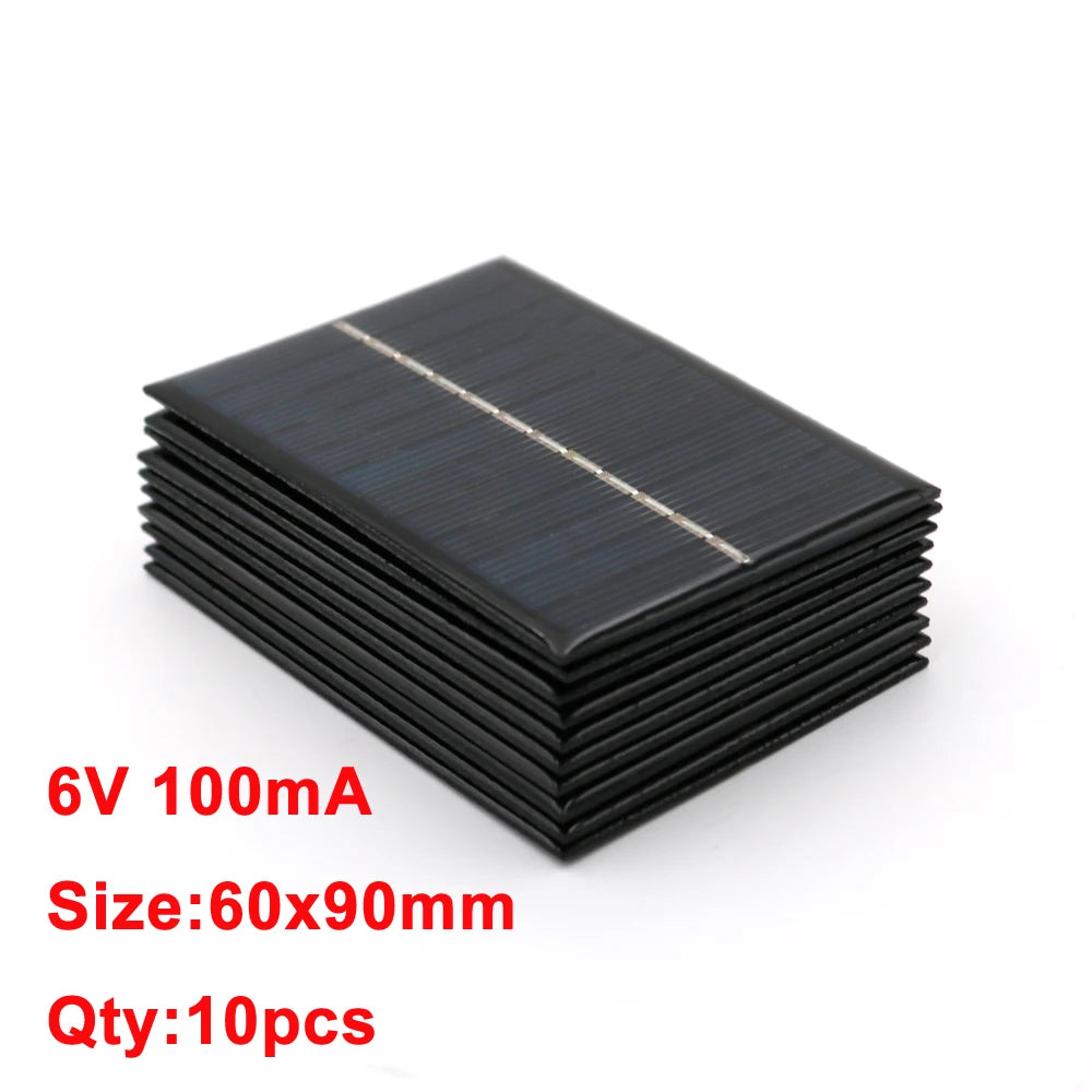 10PCS X DC Solar Panel, 10 pieces of solar panels, 6V, 100mA, measuring 60x90mm each.