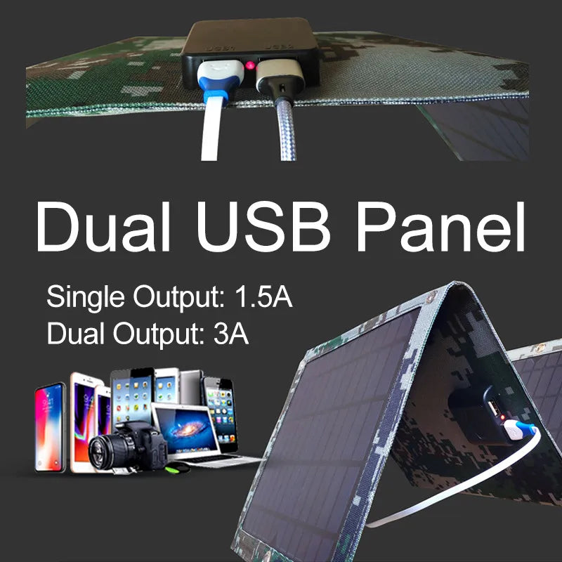 Foldable 5V 100W Dual USB Solar Panel, Features dual USB outputs: 1.5A single output and 3A dual output for efficient charging.