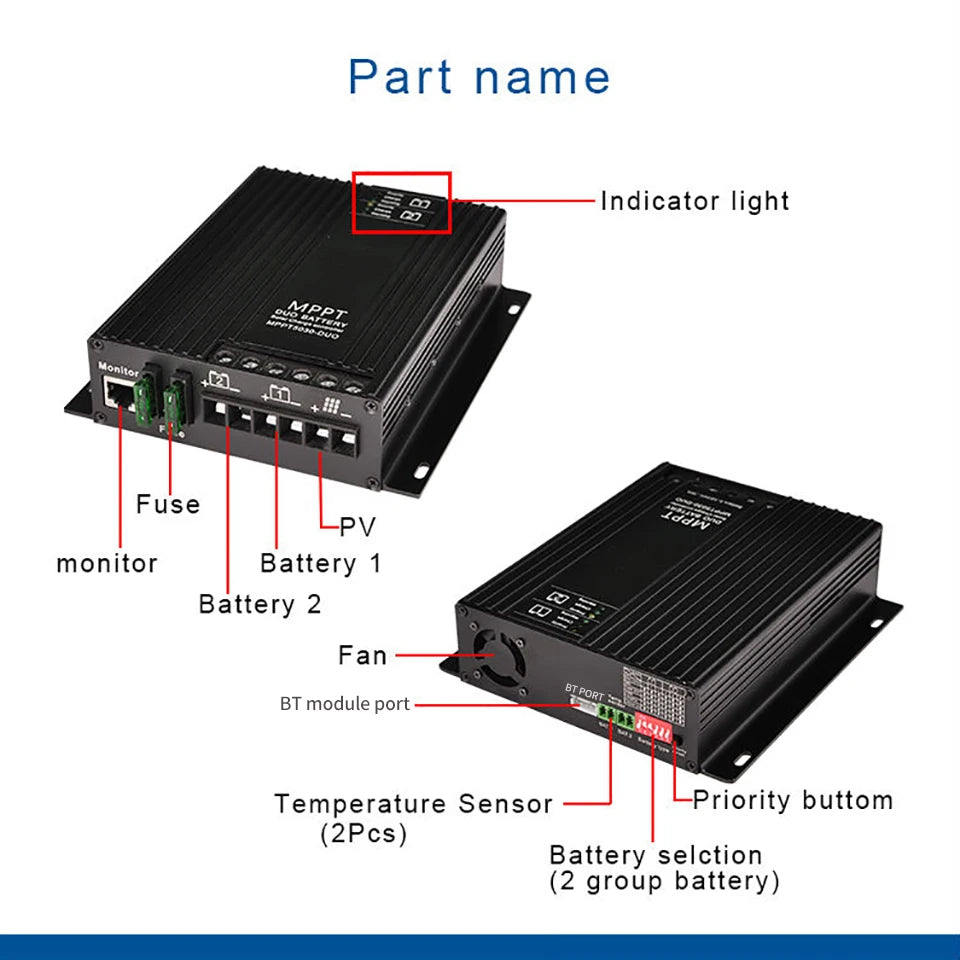 30A MPPT Controller, MPPT Controller features Bluetooth APP, LCD display monitoring solar charger performance with indicators for PV power, battery levels, and more.