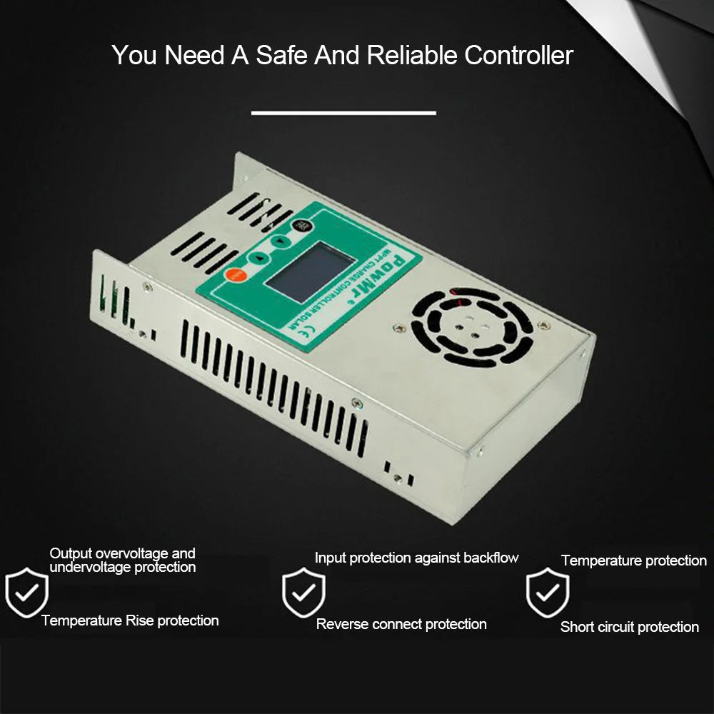 PowMr MPPT Solar Charge Controller, Controller ensures safe operation with protections against over/under voltage, shorts, and reverse connections.