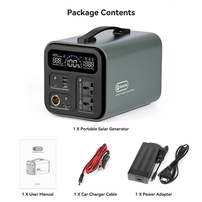 FF Flashfish UA1100, Portable solar generator kit with flashfish, cables, and adapters for outdoor use.
