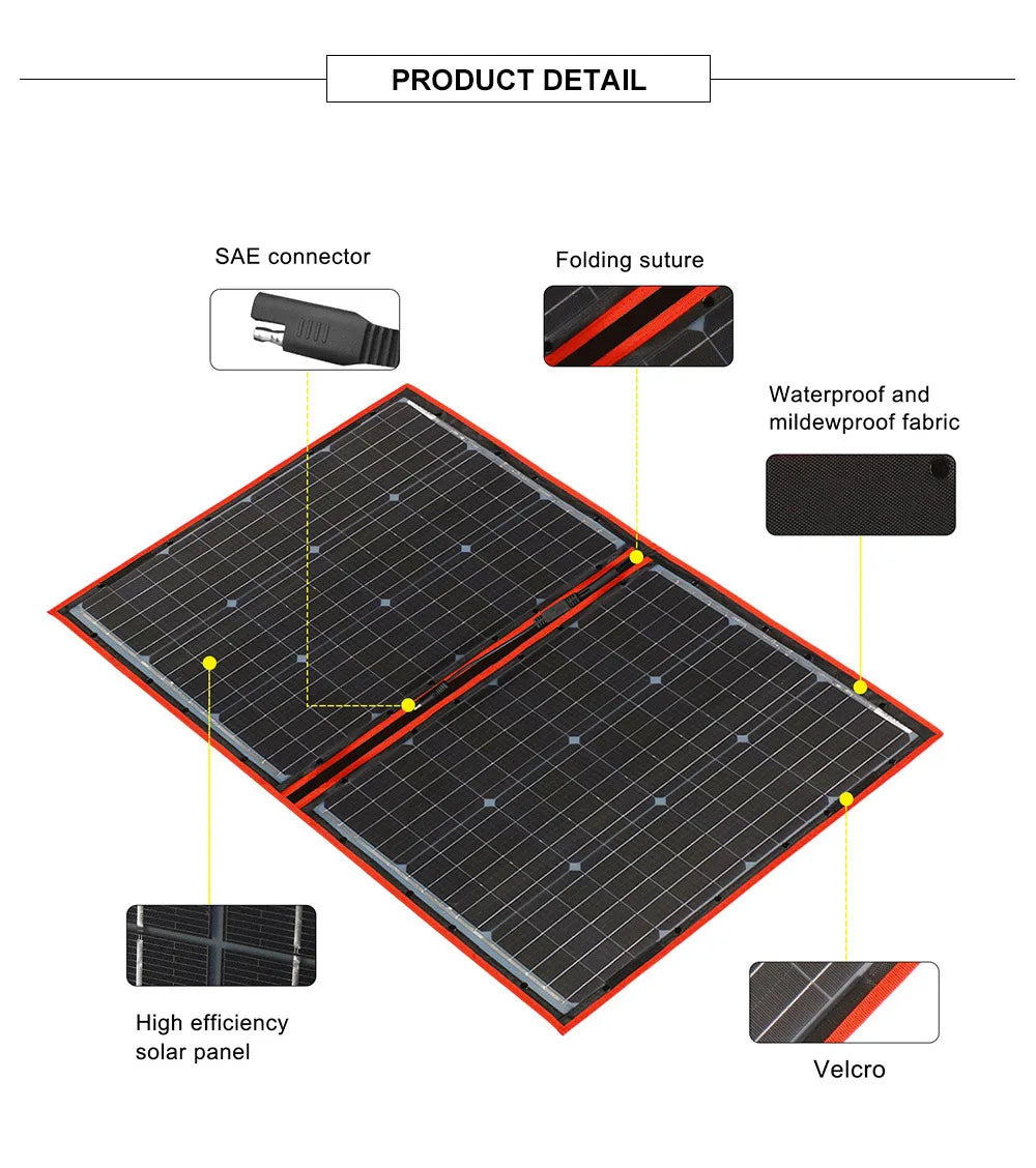 Dokio Flexible Foldable Solar Panel, Water-resistant and mildew-proof, this product features a folding design, efficient solar panel, and easy Velcro closure.