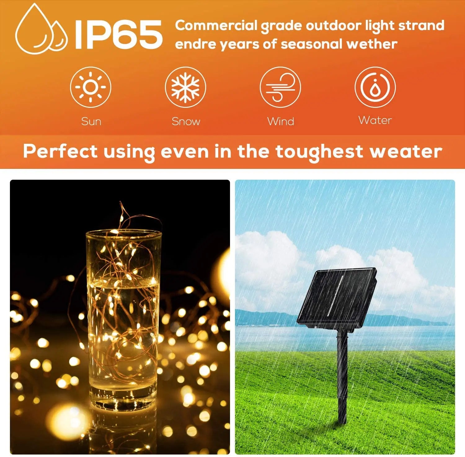 LED Solar Fairy Light, Harsh weather resistant LED fairy lights for outdoor use.
