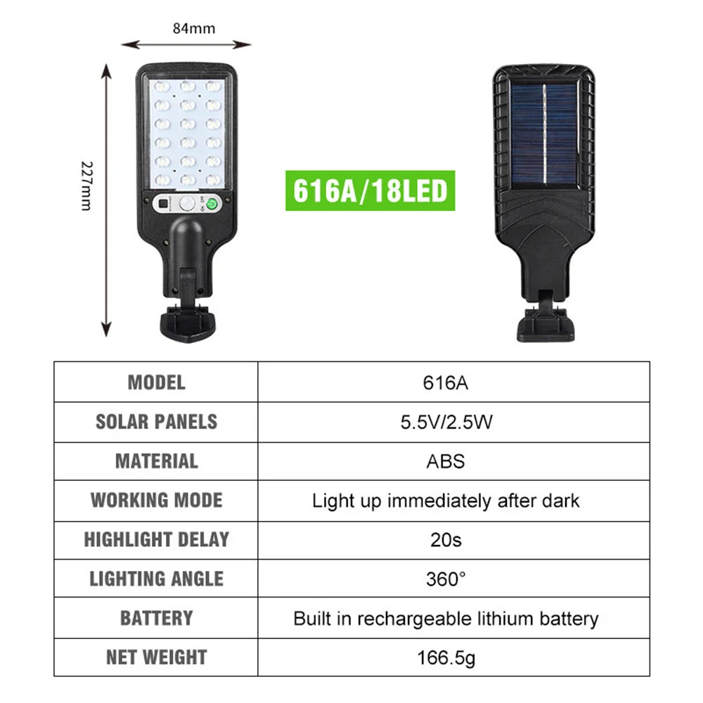 Super Bright Solar Street Light, Solar-powered LED light with adjustable angle, auto-on at night, and rechargeable battery.