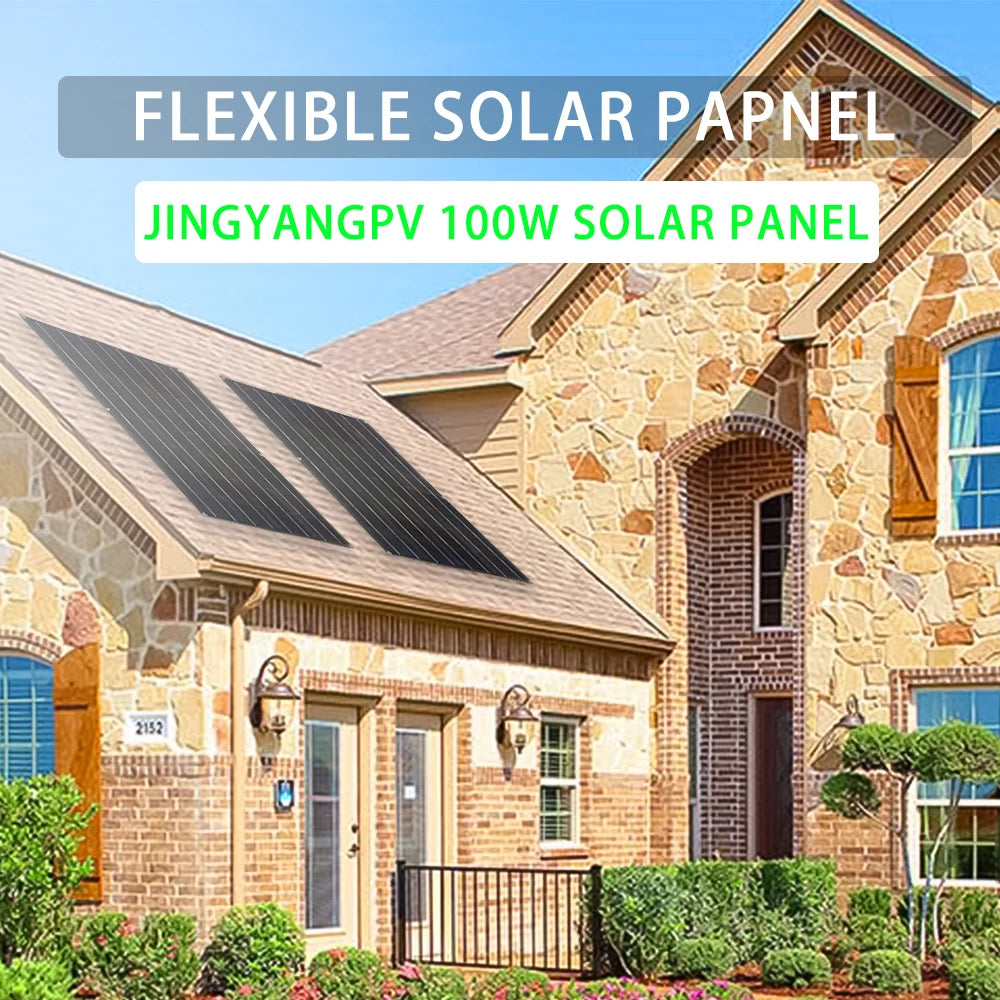 Jingyang Solar Panel, Flexible solar panel with power options from 100W to 110W for charging 12V batteries.