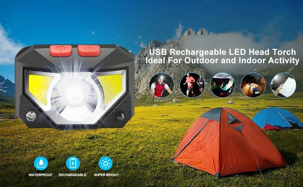 Waterproof rechargeable LED head torch for outdoor/indoor use, perfect for camping, fishing, or activities.