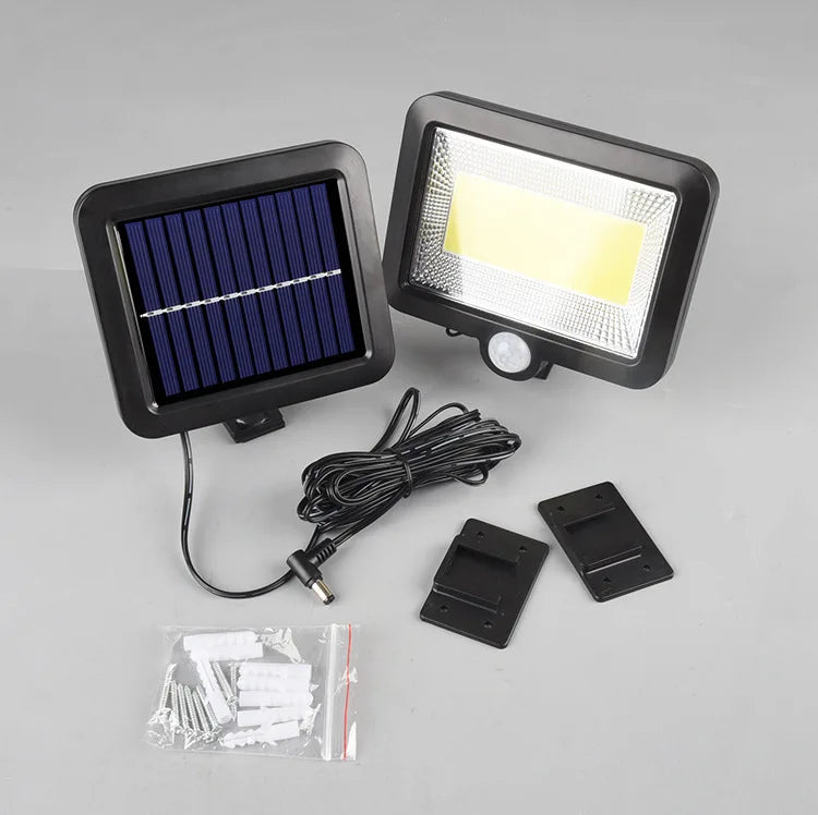 Solar Light, Solar-powered courtyard lamp with 56 LED COB bulbs, IP65 protection, and dimmable feature.