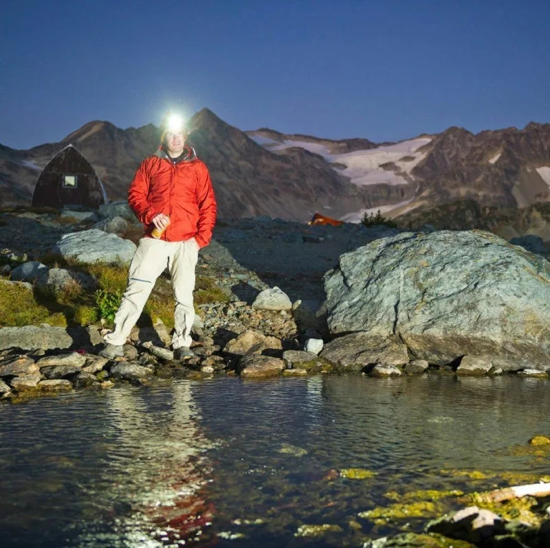 Compact, adjustable LED headlight with motion sensor for camping and fishing.
