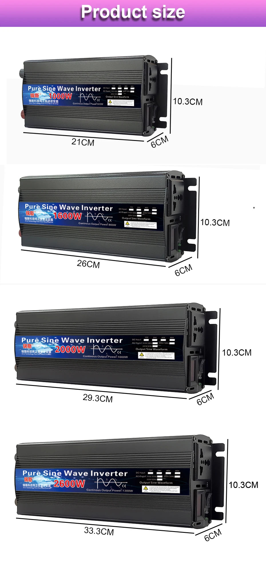 Pure Sine Wave Inverter, Compact inverter measures 10.3cm x 21cm x 26cm, with power output options and an LED display.