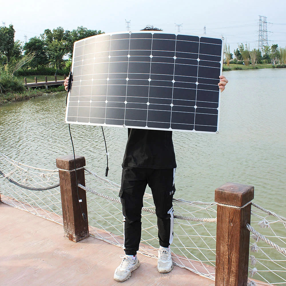 12V Flexible Solar Panel, Flexible solar panel with 20-degree bend for easy installation on curved or irregular surfaces like RVs and boats.