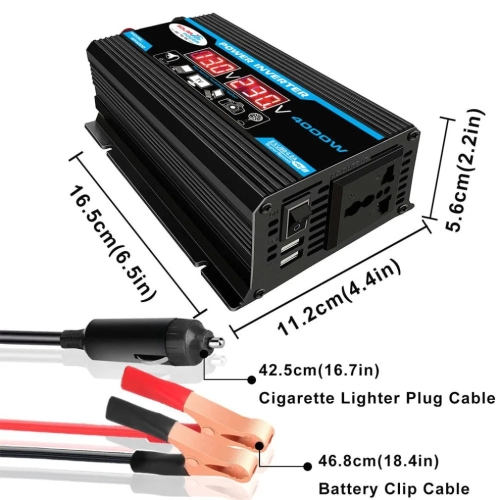 4000W 12V 220V/110V LED Ac Car Power Inverter, Portable power station with cables and converters for charging devices on-the-go.
