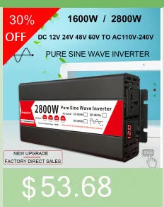 Pure sine wave inverter converts DC to AC power (1000W/2000W/3000W output)