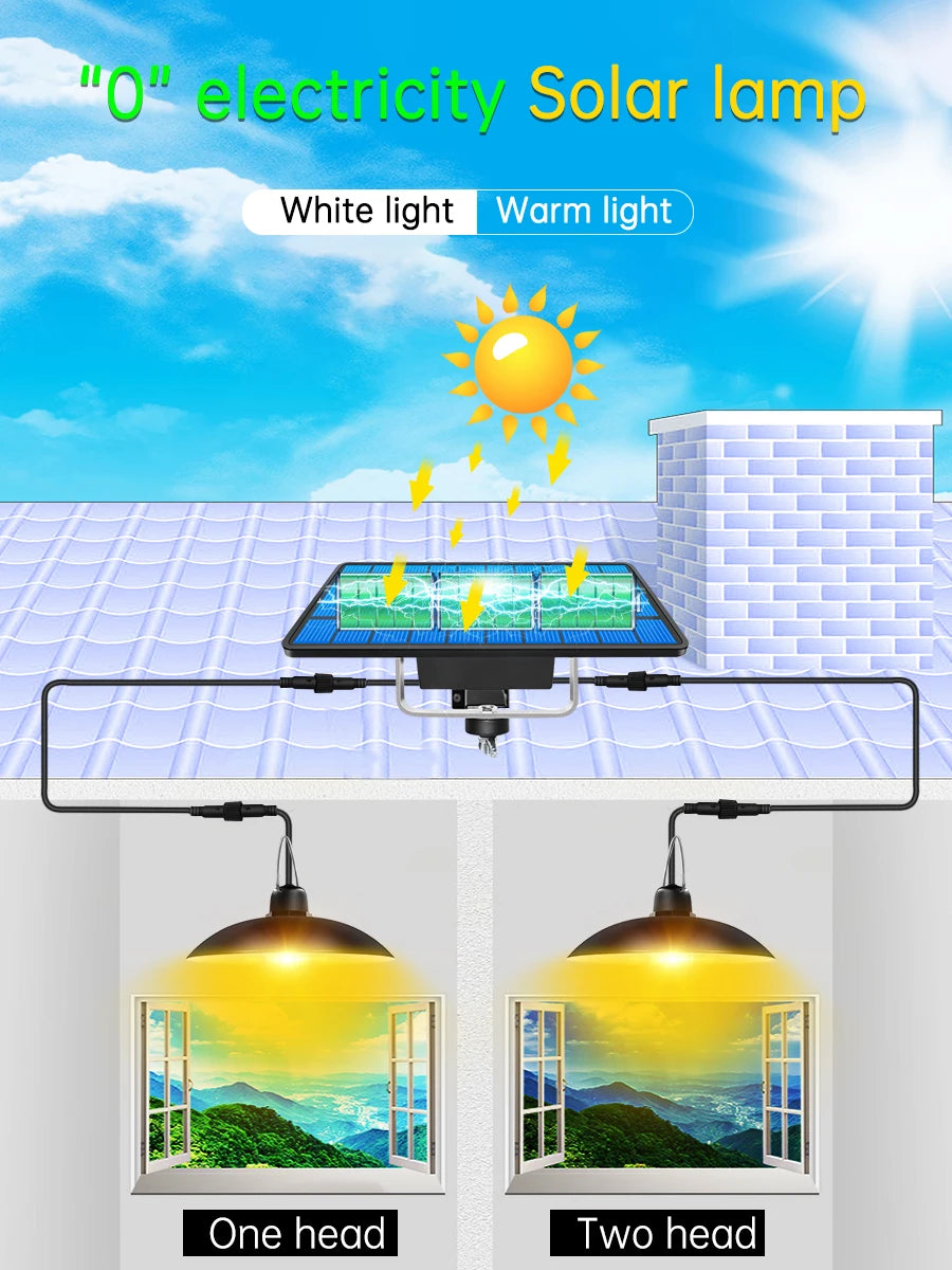 LED Solar Pendant Light, Energy-free solar-powered lighting with adjustable brightness for indoor and outdoor use.
