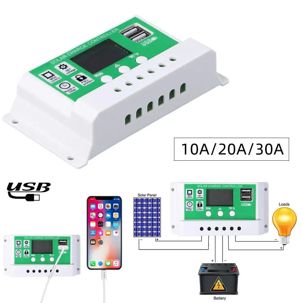 Solar charger controller for 12V/24V batteries, perfect for charging mobile devices and small-scale applications.