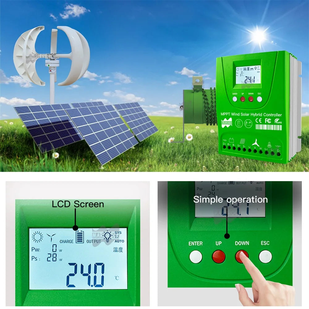 2000W 12V 24V 48V MPPT Hybrid Solar Controller, Hybrid solar controller with wind turbine integration for LiFePO4 batteries, featuring an LCD screen and easy operation.