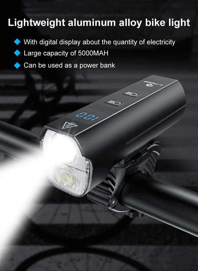 X-TIGER QD-1301 Front Light, Compact bike light with LCD display, long-lasting battery, and USB rechargeability.