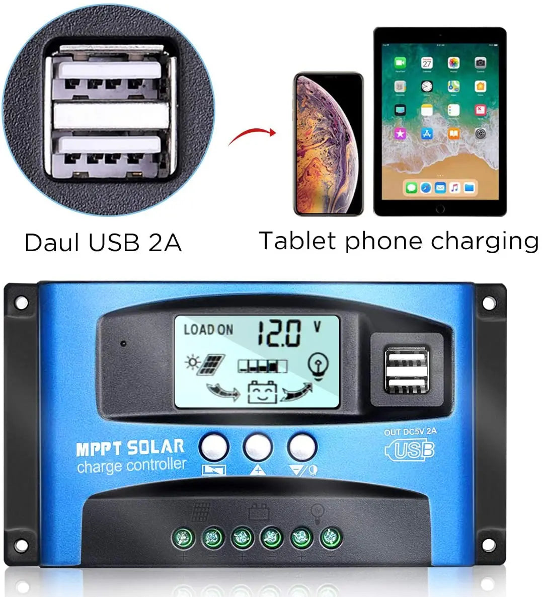 Dual USB ports for charging tablets and phones simultaneously with 2A output.