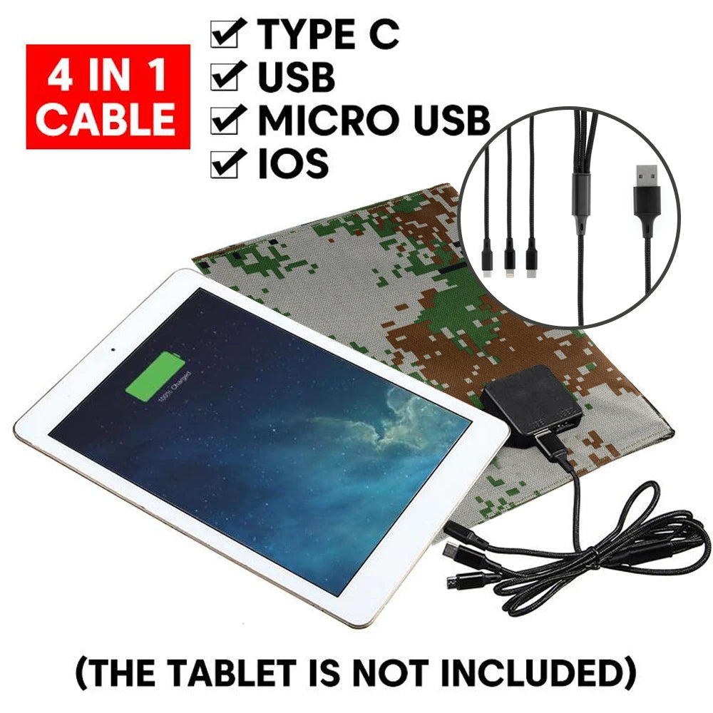 Foldable 5V 100W Dual USB Solar Panel, Portable solar charger with foldable panel, dual USB ports, and waterproof design.