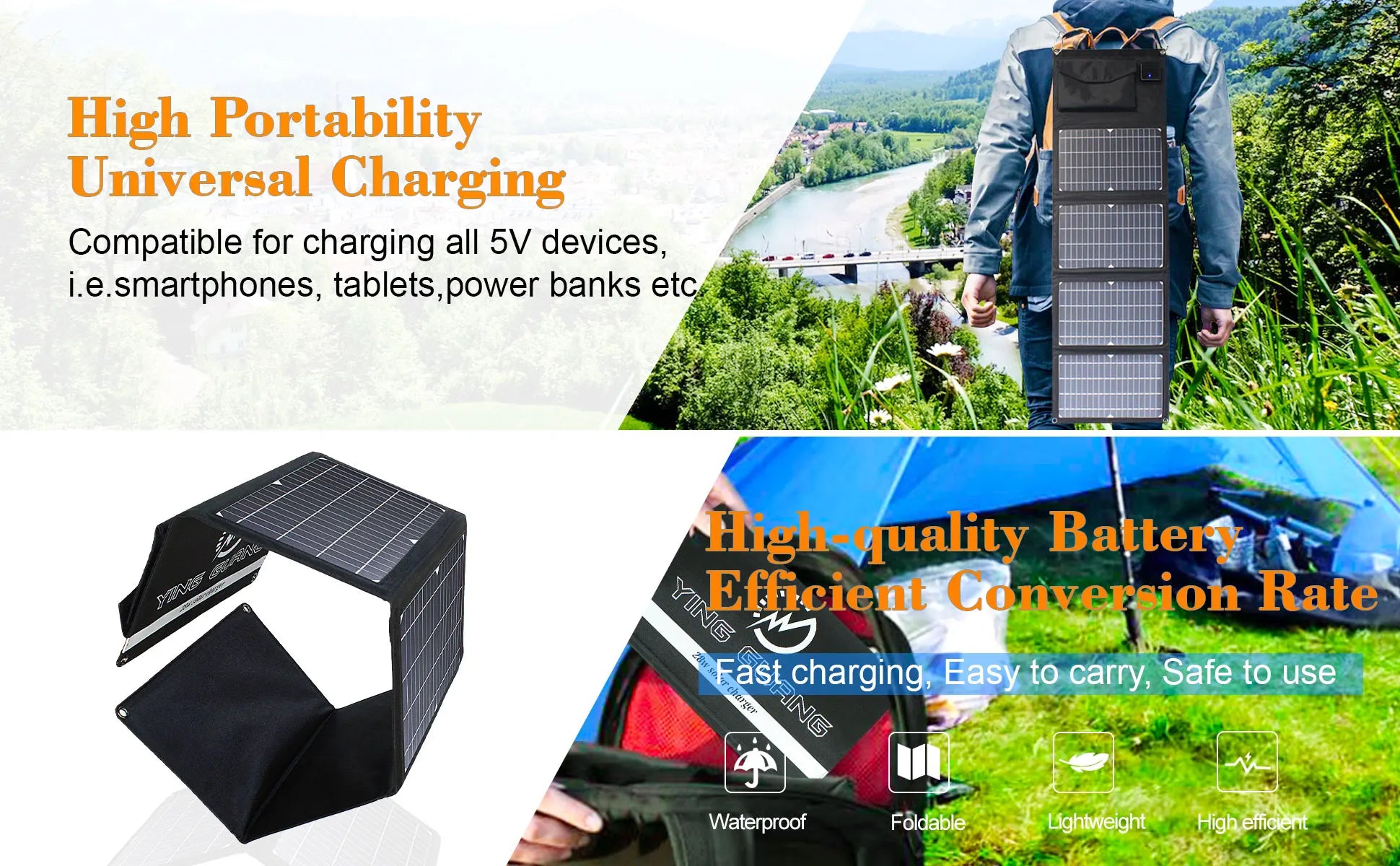 Upgraded 28W 21W 14W Portable Solar Panel, Compact solar charger for smartphones, tablets, and power banks: portable, efficient, waterproof.