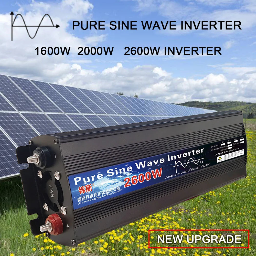 Pure sine wave inverter converts DC power to AC for homes and cars, with adjustable output and frequency.