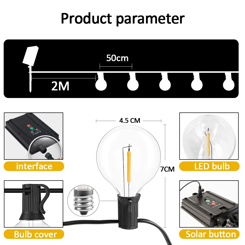 10M  20 LEDS  G40 Solar String Light, Solar string lights with 20 LEDs, waterproof and shatterproof, suitable for outdoor use on patios and decks.