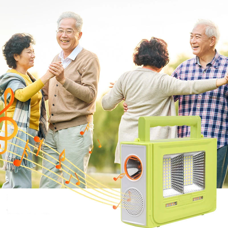 Foldable and flexible solar panel with Bluetooth speakers for wireless music playback.