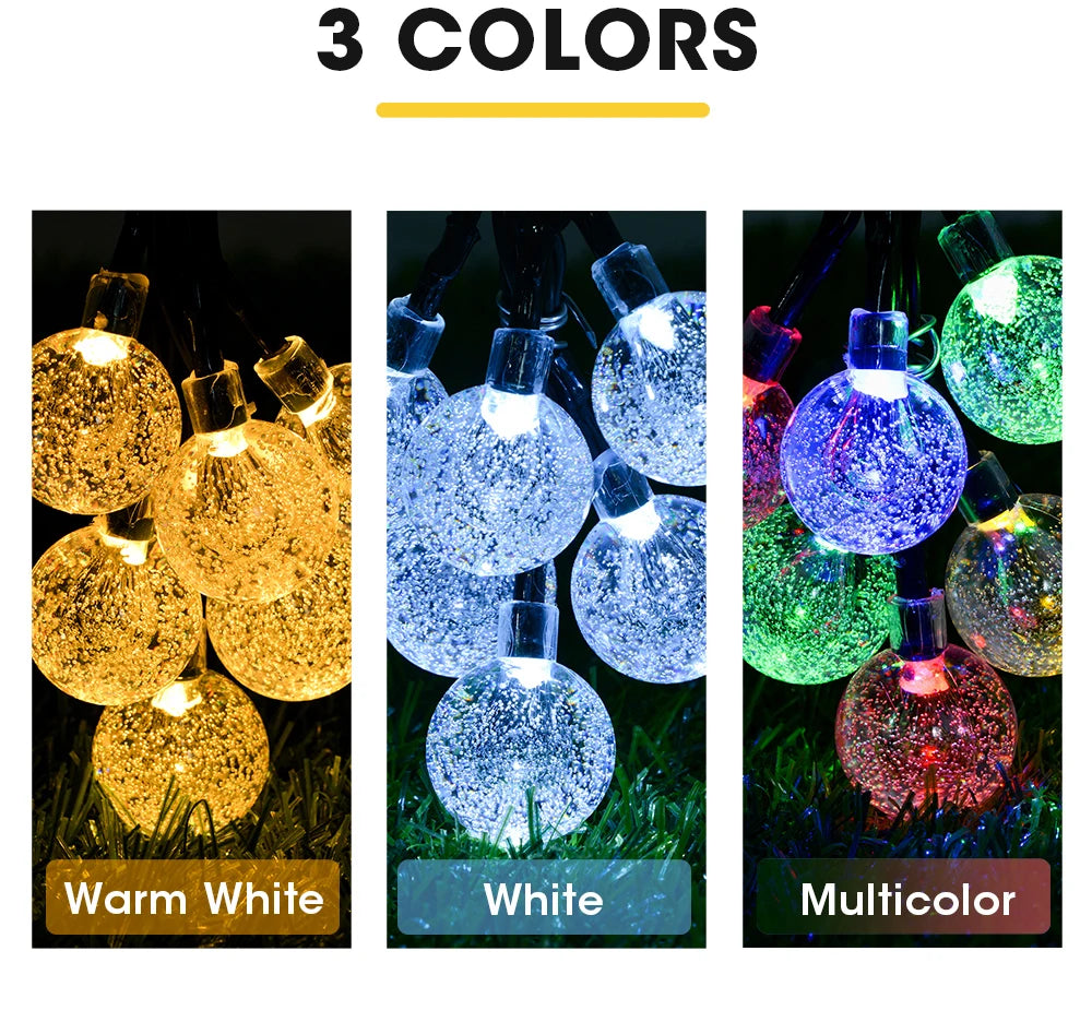 8 Modes Solar Light, Features three colors: warm white, pure white, and multicolor.