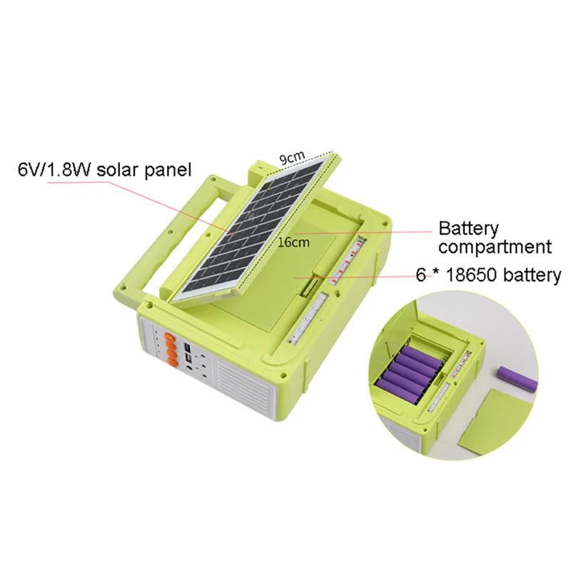 Portable power source with solar panel, battery, and charging compartment.