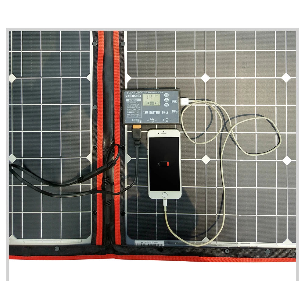 Portable foldable solar panel with 12V controller, suitable for home, camping, or travel use.