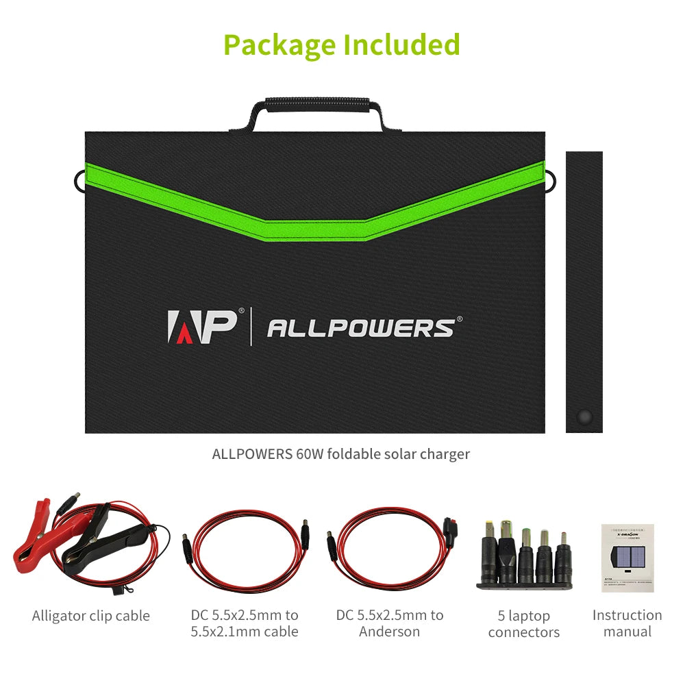 ALLPOWERS Foldable Solar Panel, Portable solar charger kit with cables and connectors for charging laptops and devices on-the-go.