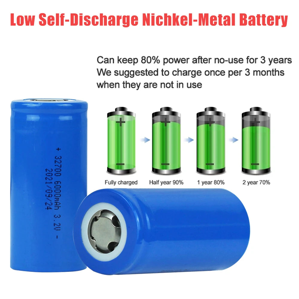New 3.2V 32700 6000mAh LiFePO4 Battery, Long-term storage recommendation: recharge every 6 months to maintain 90% capacity retention.