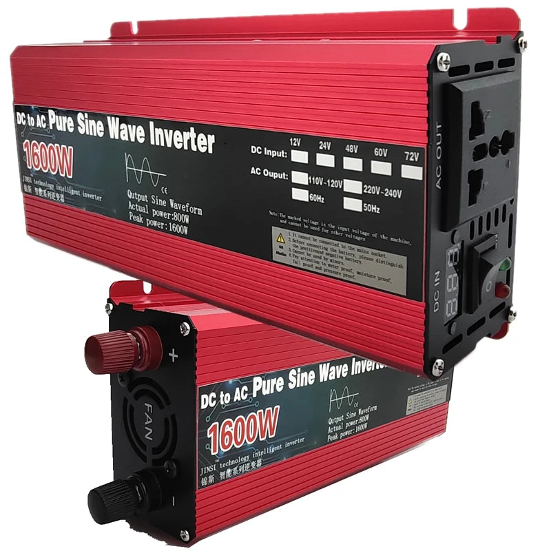 Pure Sine Wave Inverter converts DC battery power to AC at 110V, 220V, or 3000W.