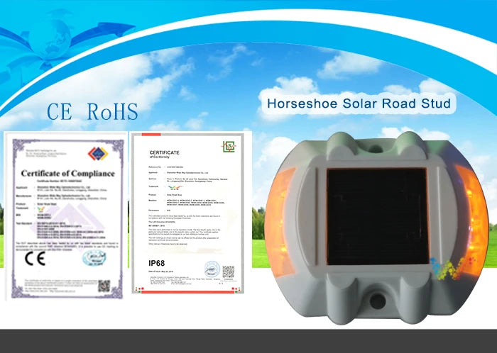 CE, ROHS, and SLRT certified solar-powered road stud with IP68 water resistance.