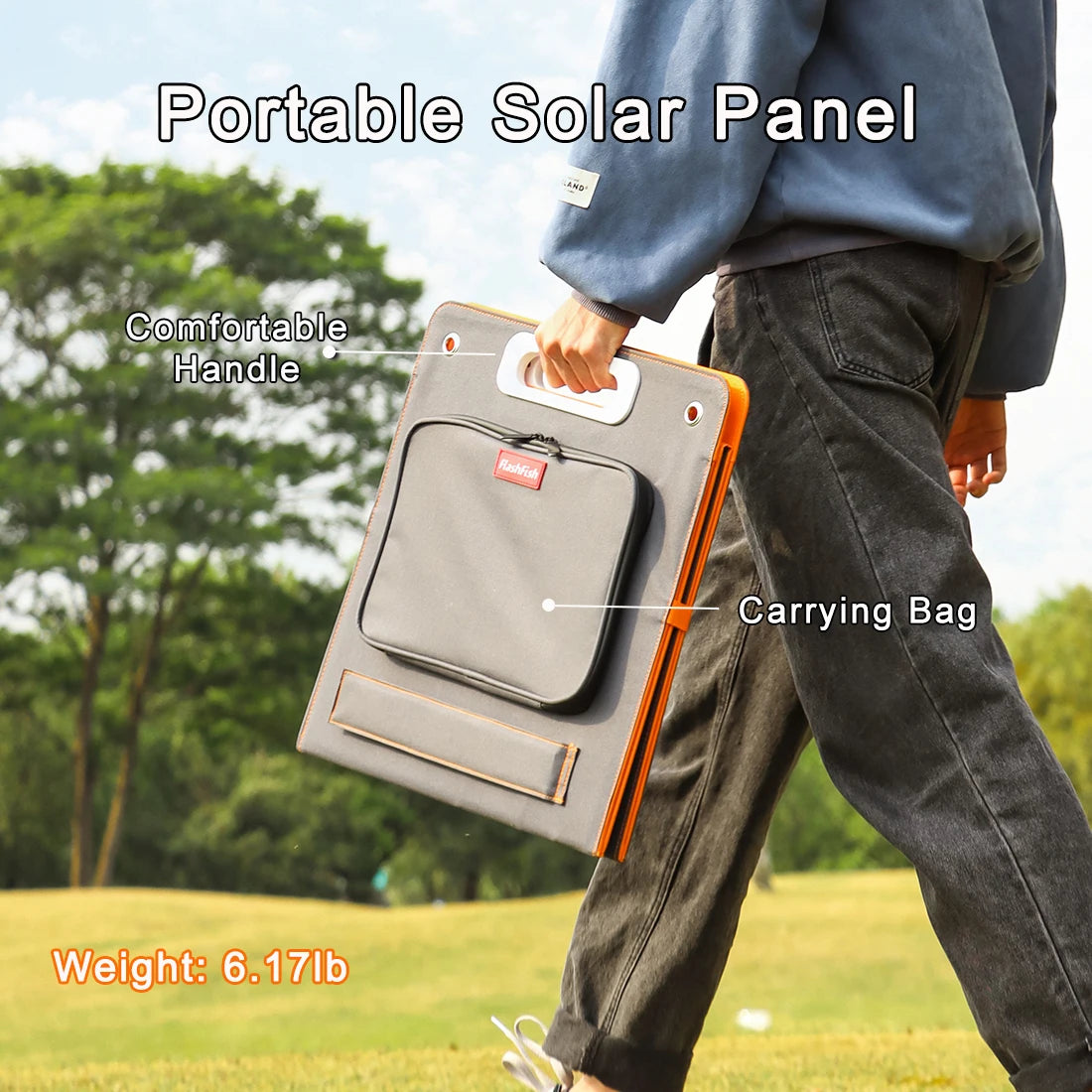 FlashFish Solar Panel, Compact solar panel with comfortable handle and carrying bag, weighing approximately 6.17 pounds.