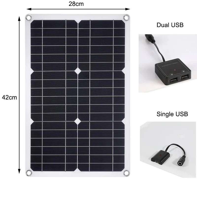 Professional 100W 12V Solar Panel, Features dual 28cm and single 42cm USB ports for charging devices off-grid.