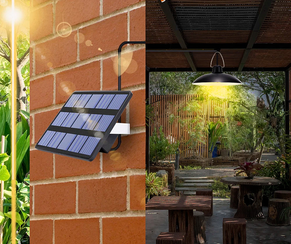 IP65 Waterproof Double Head Solar Pendant Light, Self-sustaining solar lamp with soft warm/white light, no electricity required, lasts over 10 hours on full charge.