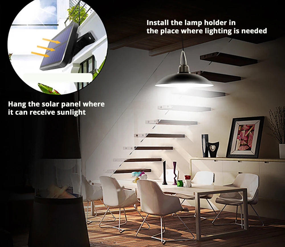 IP65 Waterproof Double Head Solar Pendant Light, Install solar-powered lamp by hanging panel and attaching light fixture for warm ambiance.