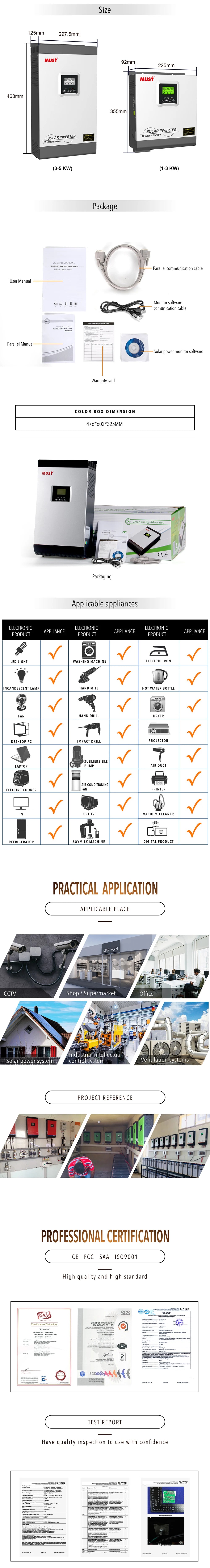 Hybrid solar inverter with MPPT design, 60A charge control, and WiFi connectivity for off-grid solar systems up to 1kW.