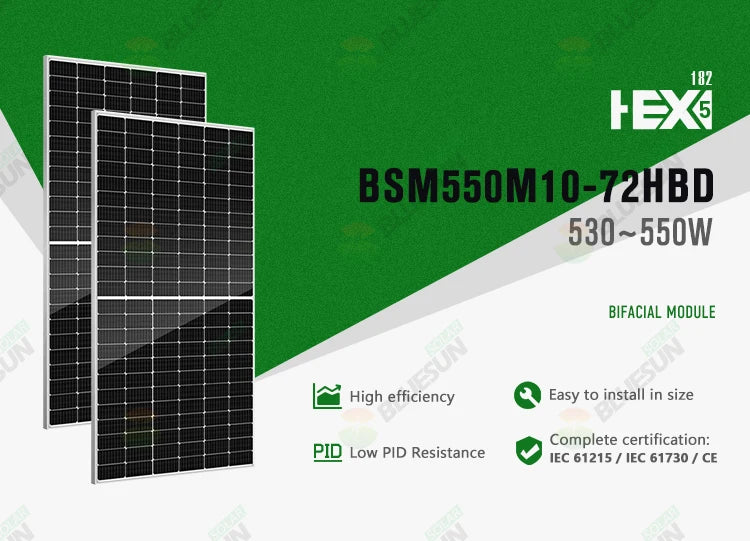 550W Solar Panel, High-efficiency solar panel with bifacial design for easy installation and low power degradation.