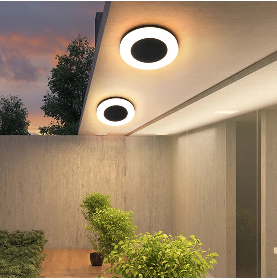 Led Porch Light, Outdoor wall light with motion sensor and aluminum finish, suitable for balconies, walls, or ceilings.