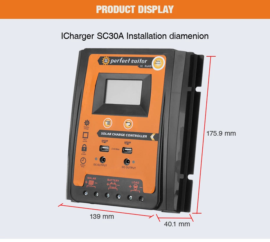 PowMr Mppt+PWM Solar Charge Controller, RoHS-certified solar charge controller with 12V/24V input, 30A-70A output, and LCD display.