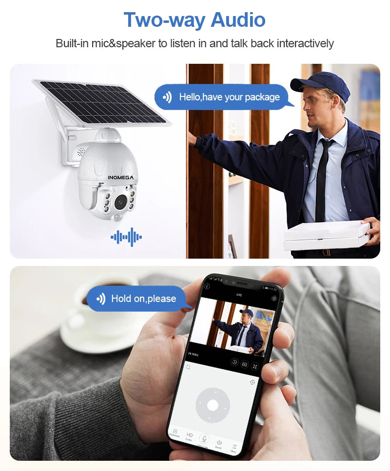 INQMEGA Outdoor Solar Camera, Two-way audio communication with remote interaction using built-in mic and speaker.