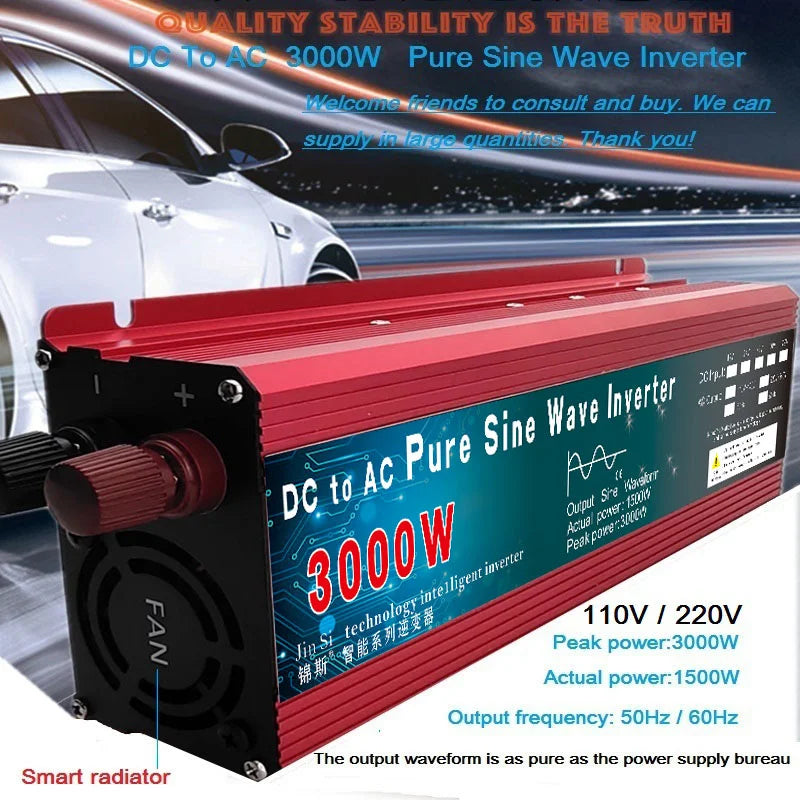 Pure sine wave inverter for 3000W applications with adjustable input/output and high-quality DC-AC conversion.