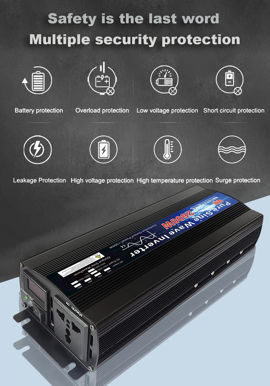 Pure Sine Wave Inverter, Multiple safety protections, including battery and overload protection, for safe sine wave inverter operation.