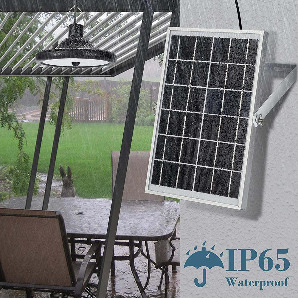 Double Head Solar Pendant Light, Waterproof smart remote control with adjustable modes and brightness, featuring PIR motion sensing.