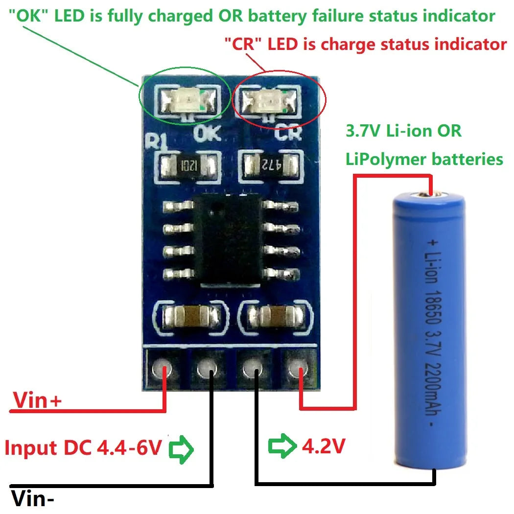 MPPT Solar Charge Controller, Solar charge controller with OK/CR LEDs, suitable for 3.7V Li-ion batteries and 4.4-6V DC inputs.