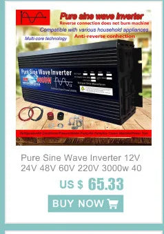 Pure Sine Wave Inverter: DC to AC converter, 12V/24V input, 220V output, 3000W max, LED display, $65.33.