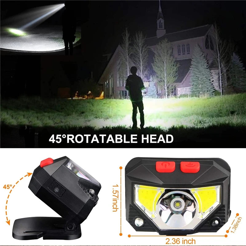 2 pack Powerful LED Headlight, Rotates 45 degrees; adjustable head allows for customized lighting direction.
